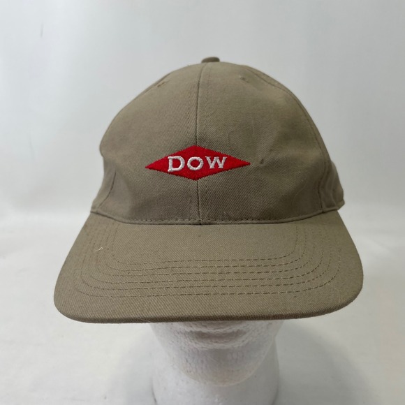 Vintage Dow Chemical Logo Hat Tan Cotton Leather Strapback Made in USA Dad Cap